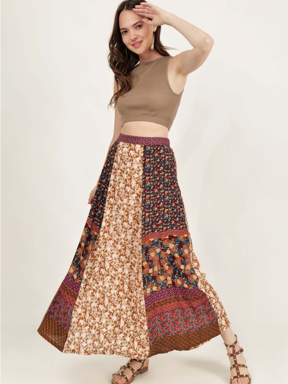 NATURAL LIFE Patchwork Maxi Skirt in Brown and Multicolor